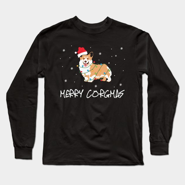 Merry Corgimas Pembroke Welsh Corgi Wearing Santa Hat Wrapped in Christmas Lights Long Sleeve T-Shirt by BadDesignCo